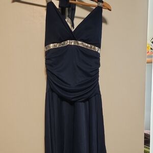 Speechless Silver Ruched Gown with Tie Back Halter And Sweetheart Neckline